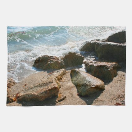 waves on rocks on beach shore image towels
