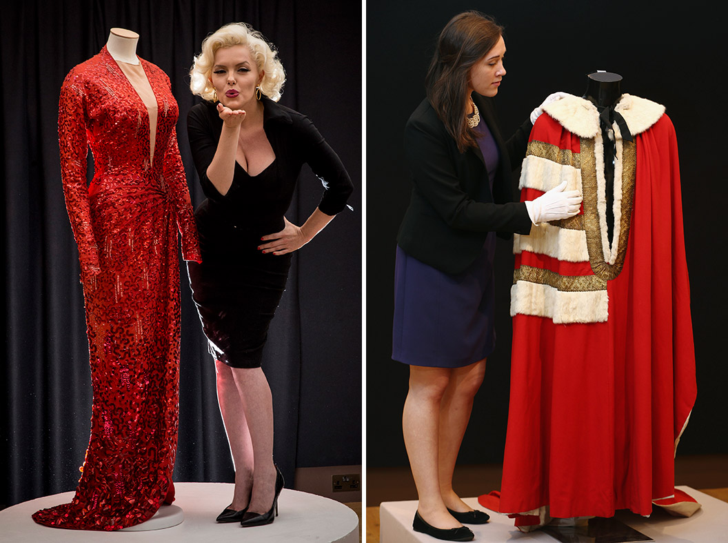 A red sequinned gown worn by Marilyn Monroe in 'Gentlemen Prefer Blondes' and a Parliamentary Robe worn by Lord Lucan are displayed at Christie's Auction House in London