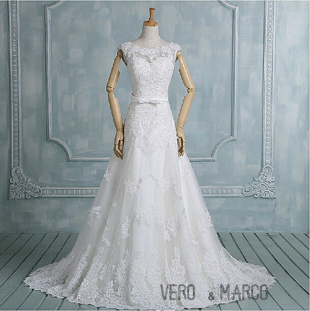 Romantic ivory bow sash shoulder straps V back A-line satin lace plus size wedding dress bridal gown sweep train ET14006