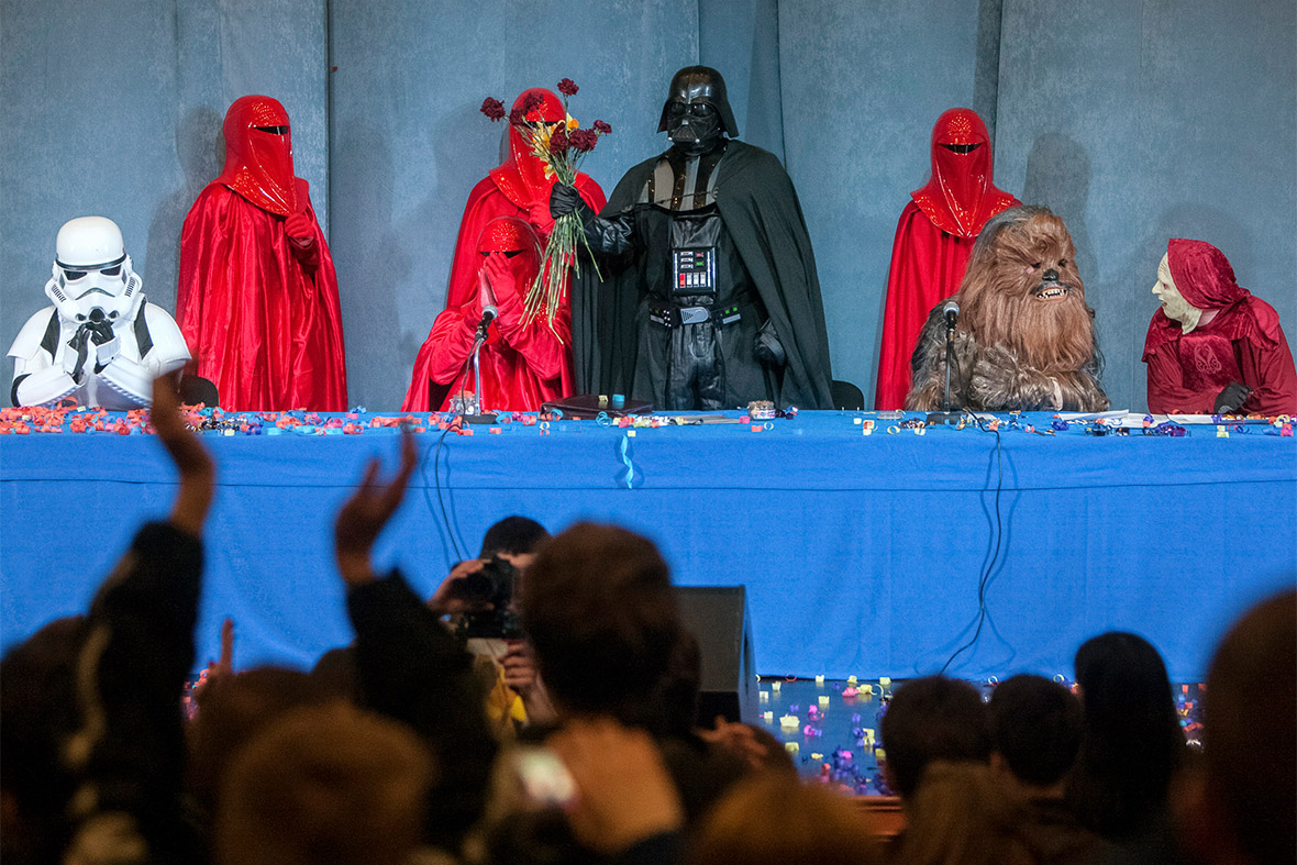 Activists from the Internet Party of Ukraine, dressed as Star Wars characters, hold a party congress in Kiev. The party announced that its leader 'Darth Vader' has registered as a candidate for Ukraine's May 25 presidential election