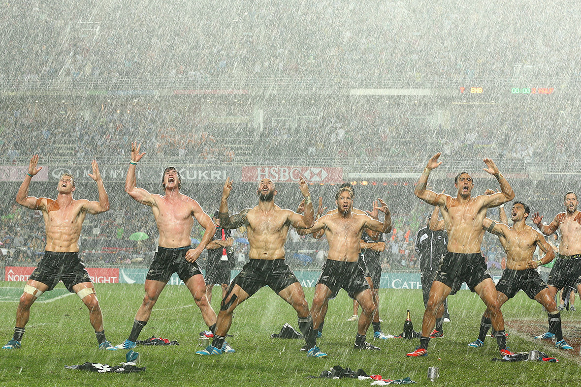 The New Zealand team perform the Haka after winning the Cup Final between England and New Zealand during the 2014 Hong Kong Sevens