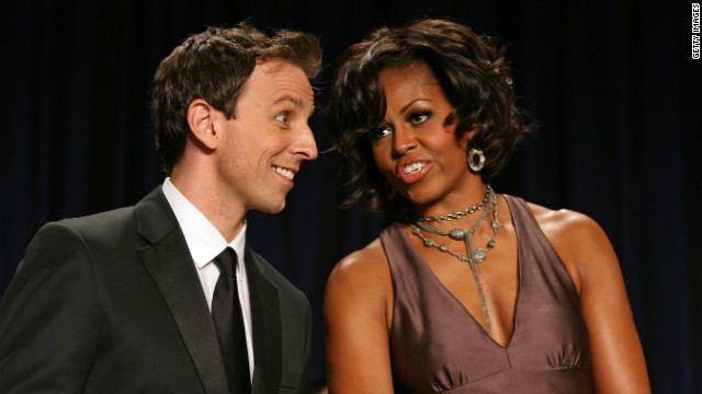 Meyers appears with first lady Michelle Obama at the White House Correspondents' Association annual dinner in Washington on April 30, 2011.