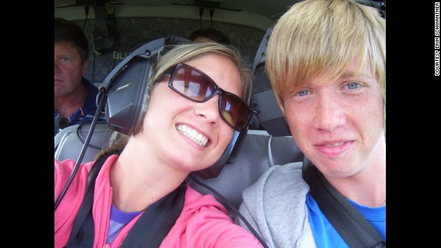 A cherished memory: Schwantner and her brother on a helicopter ride over Maui on a 2005 family vacation.