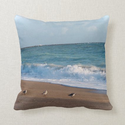 three birds on shore photo florida beach throw pillow