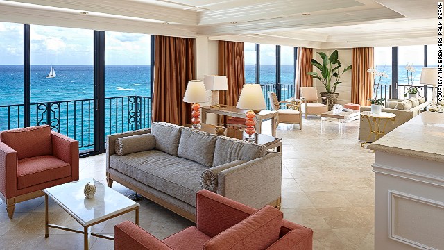 Design duo Badgley Mischka lent their signature Hollywood glamor to the Imperial Designer Suite at The Breakers Palm Beach. The 1,700-square feet suite features five balconies with ocean views. 