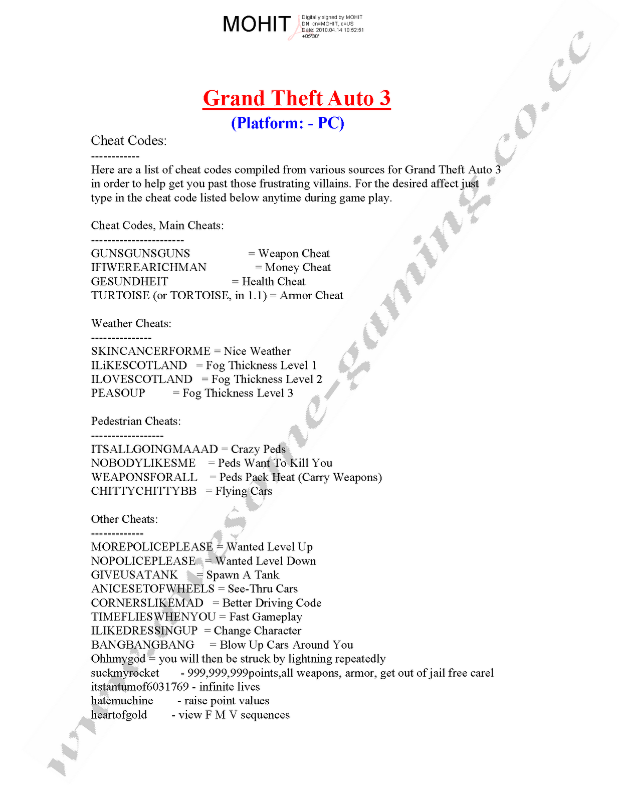 CHEAT CODE FOR GRAND THEFT AUTO 3 (PC Versioin)