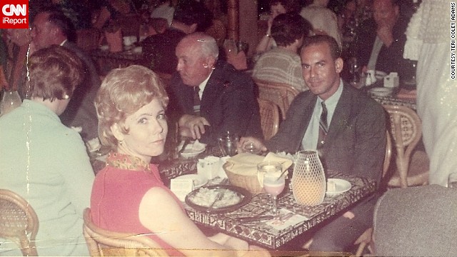 Teri Coley Adams' parents enjoy an evening in Oahu, Hawaii, in 1969. Her dad is wearing a thin striped tie and a sports jacket. Her mom has on a red linen dress with a matching satin red peacock scarf. "As I recall, the dress was pretty short, well above Mom's knees, but she had the legs for it," Adams says.