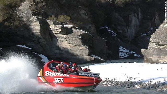 <strong>Jet boat tour (New Zealand)</strong>: Passengers speed down Queenstown's narrow canyons in a jet boat powered by V8 engines, hitting speeds of up to 85 kilometers per hour in as little as three inches of water.
