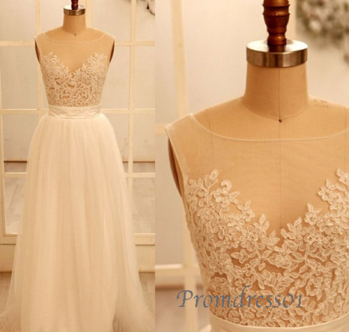 qpromdress: Creamy-white lace long prom dress, wedding dress