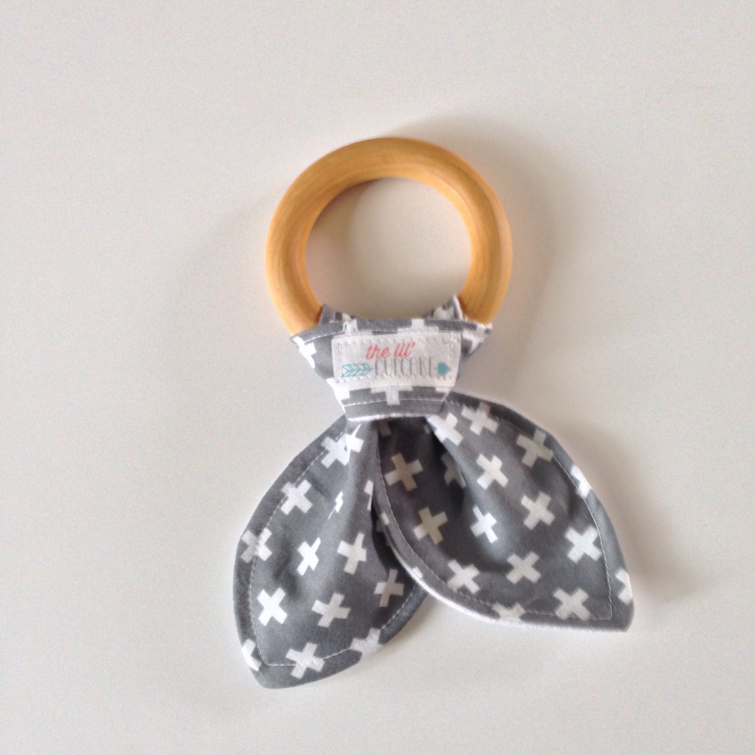 Teething Ring || Natural Organic Wooden Teething ring with removable bunny ears || GREY & WHITE CROSSES