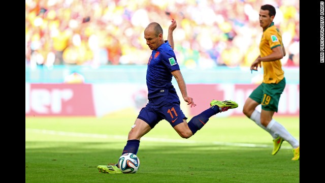 Arjen Robben of the Netherlands opens the scoring. It was his third goal of the tournament.
