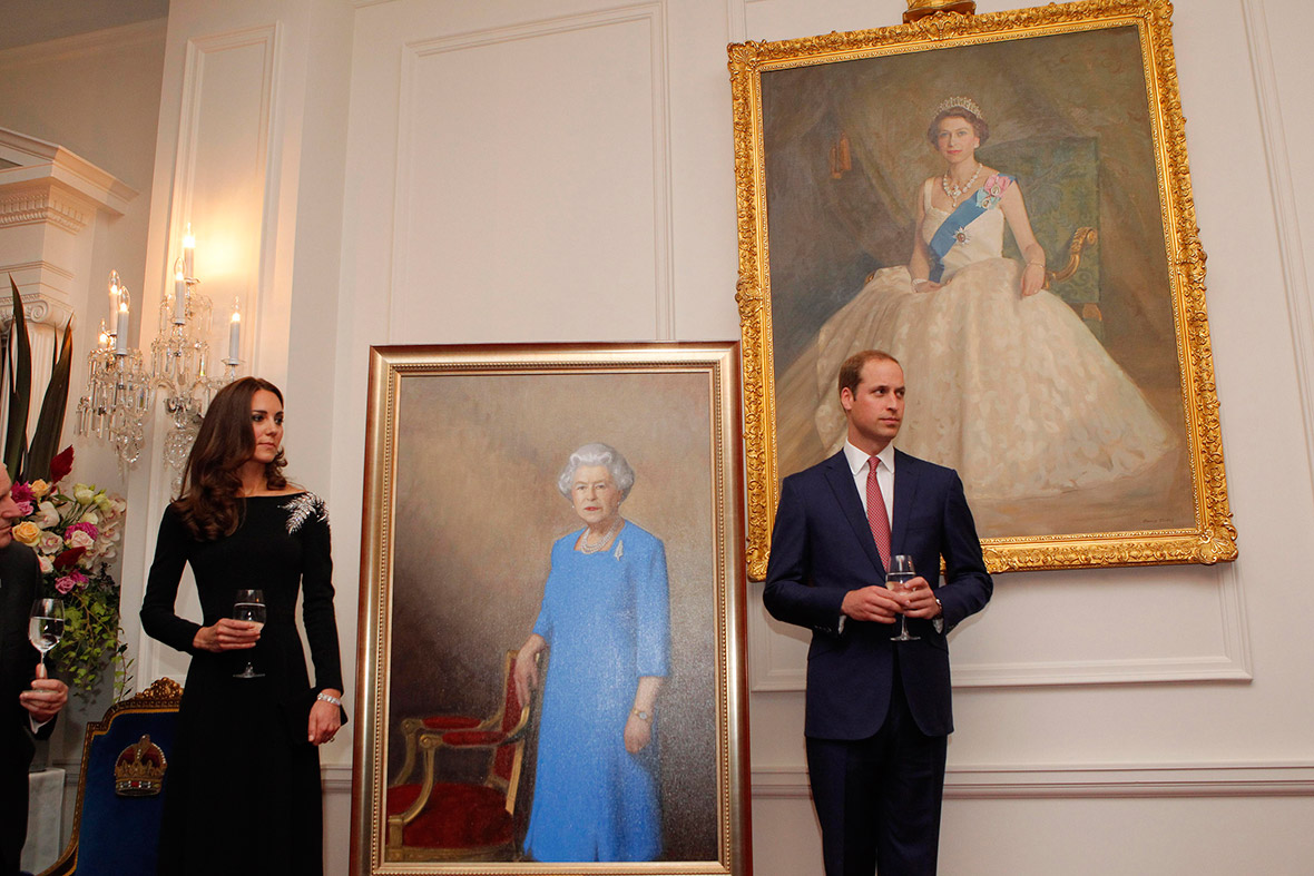 Kate Middleton and Prince William unveil a portrait of the Queen at Government House in Wellington, New Zealand