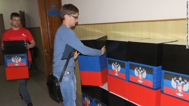 Activists prepare ballot boxes in the colors of the Donetsk People's Republic on May 10, the eve of a referendum in Slavyansk. Ukraine. 