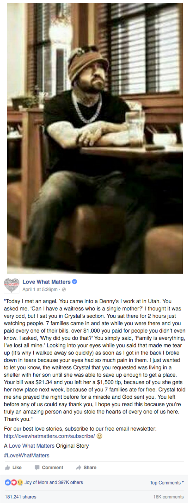 win facebook image man pays for families at dennys after losing his own