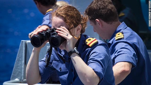 British Royal Navy sailors aboard the vessel HMS Echo take part in the search for the jet on April 13.