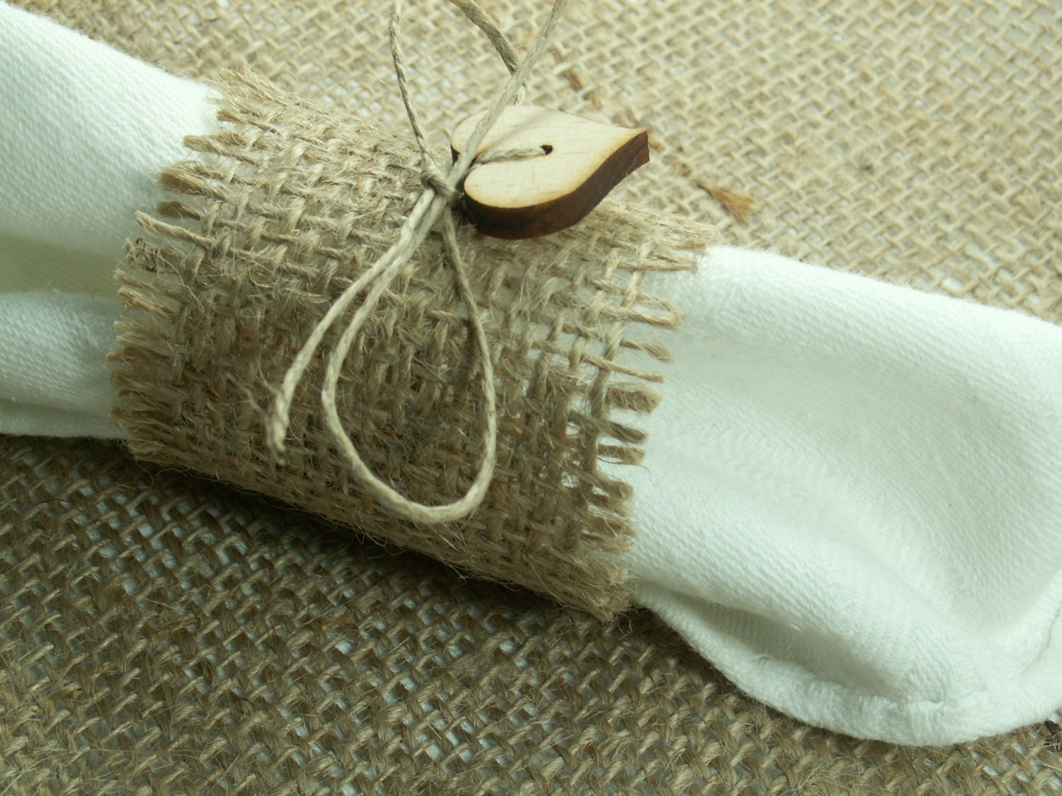 Rustic Style Rustic 160 Burlap Napkin Rings with wood heart , Wedding Decor , Country Wedding
