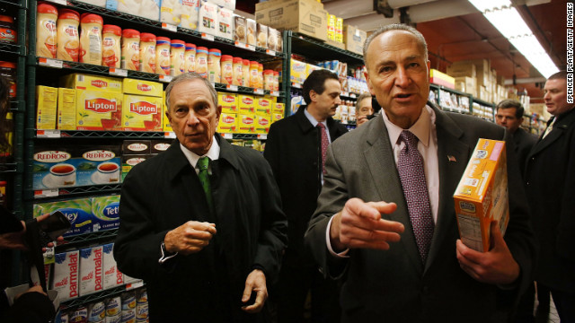 Bloomberg and Schumer shop in the newly reopened Fairway Market on the waterfront in Red Hook in March 2013. Fairway closed after severe flooding during Hurricane Sandy.