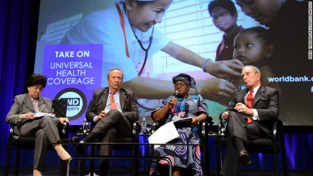 Bloomberg, right, participates in a "Toward Universal Health Coverage for 2030" seminar in April during the IMF/World Bank's Spring Meetings in Washington.