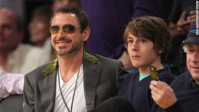 Downey and his son Indio attend a Los Angeles Lakers playoff game in 2008.
