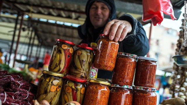 Street markets are also a big part of life in Belgrade. Pictured here is a vendor selling jars of homemade "Ajvar," a type of relish mainly made from roasted red bell peppers.
