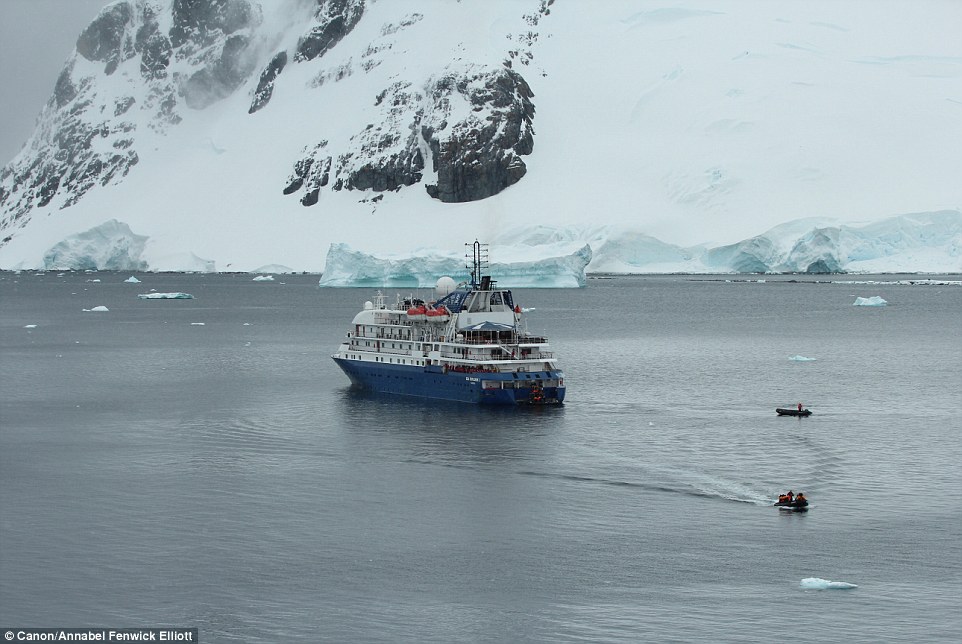 Shuttle: Every day, the Sea Explorer (left) drops its anchor and groups of passengers are ferried to shore in small rubber zodiac boats (right)