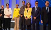Listos para debatir. Desde la izquierda, los candidatos Levy Fidelix, Dilma, Marina, Jorge Eduardo, Luciana Genro, Aécio y el Pastor Everaldo (AP)