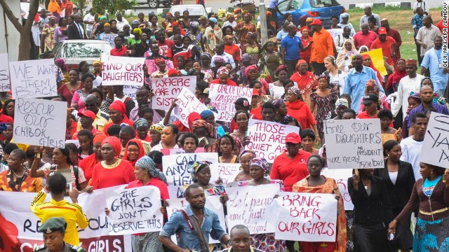 Protesters take part in a "million woman march" on Wednesday, April 30, in Abuja.