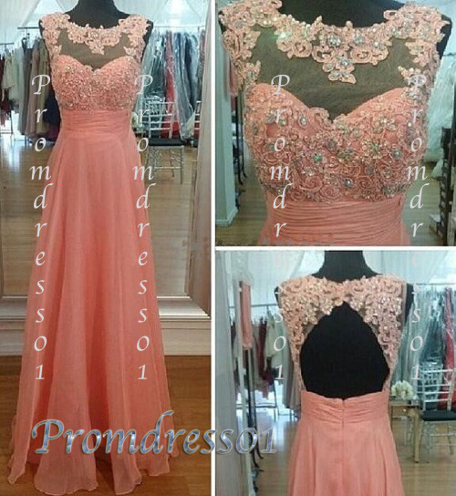 2015 pink lace+chiffon open back prom dress