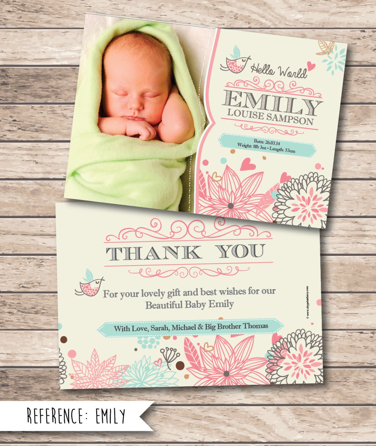 Birth Announcement - Baby Thank You Card - Printable File - Digital Download - New Baby - Baby Stats
