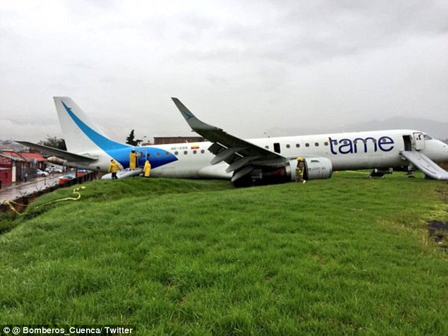 It is believed heavy rain caused the Embraer 190 jet, operated by Ecuadorian airline TAME, to slide off the tarmac