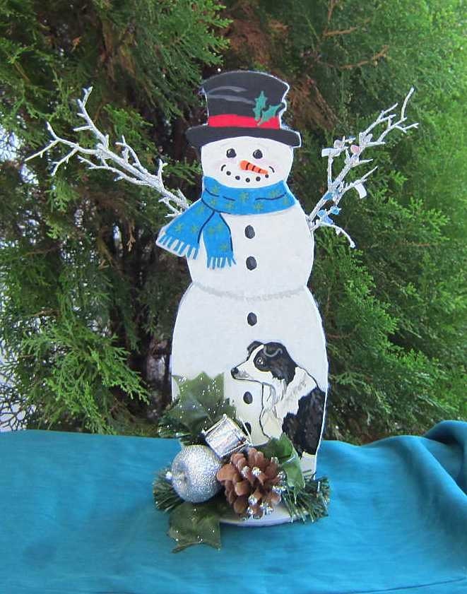 Handpainted Snowman with BORDER COLLIE Wood Figure or Centerpiece Decoration 12"