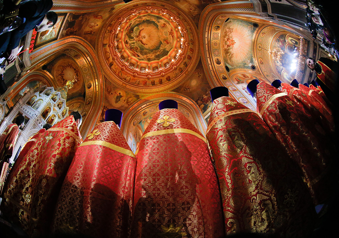 Russian Orthodox priests attend an Easter service in the Christ the Saviour Cathedral in Moscow