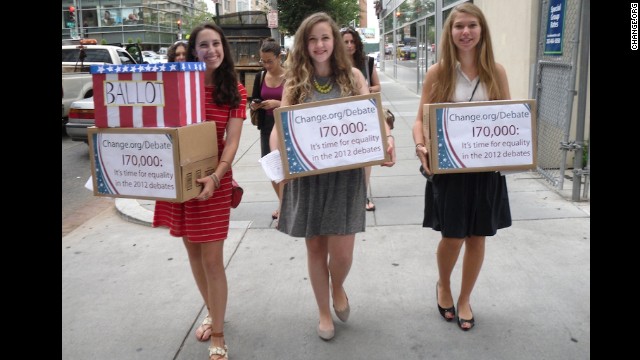 Sammi Siegel, Emma Axelrod and Elena Tsemberis are three New Jersey teens who petitioned to get a female moderator for the 2012 presidential debate. CNN's Candy Crowley was named a moderator for the second debate, in which wage parity became an issue.