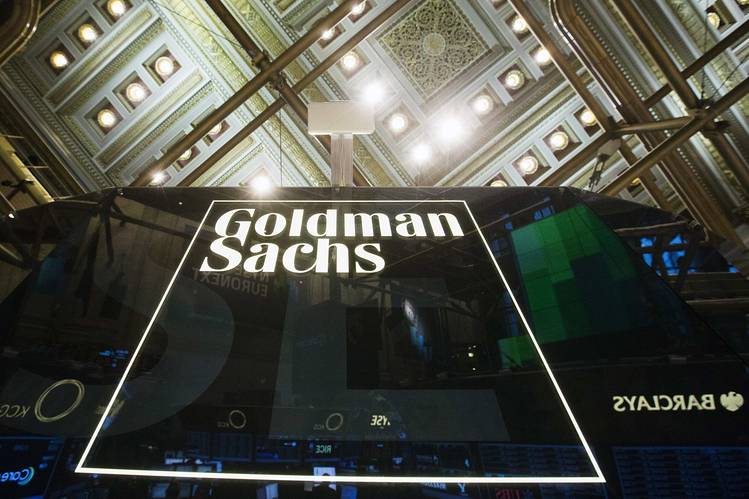 A Goldman Sachs sign above the floor of the New York Stock Exchange.