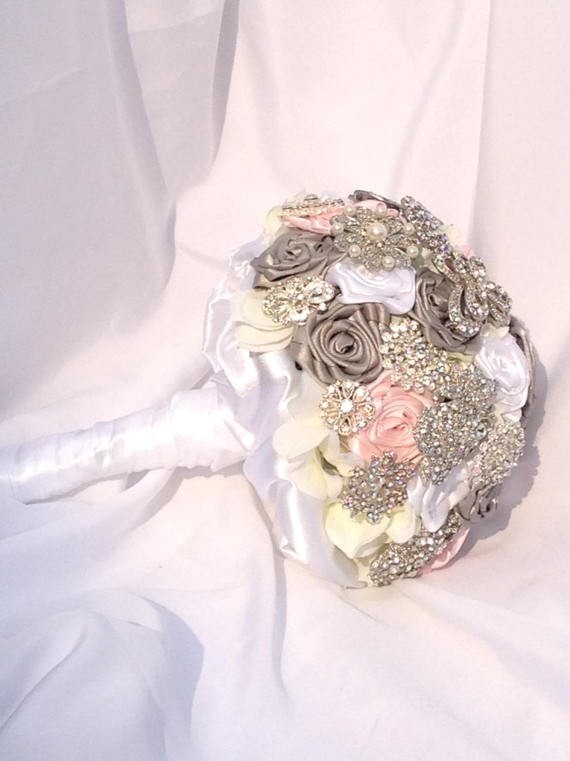 6 inch Wedding Brooch Bouquet with Pink, Grey and White Satin Roses