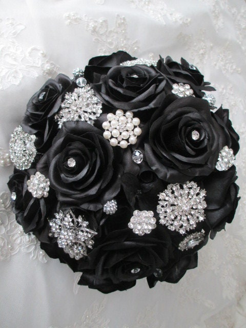 Black Magic Silk Rose Brooch Bridal Destination Feather Goth Steampunk Bouquet
