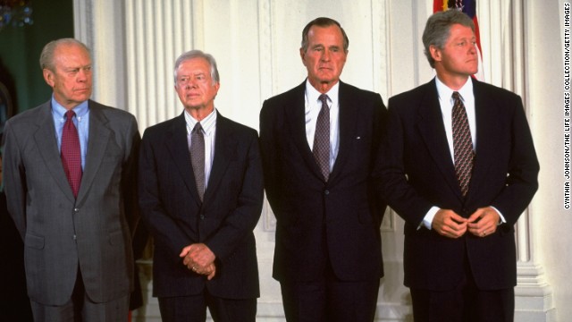 From left, Presidents Gerald Ford, Jimmy Carter, George H.W. Bush and Bill Clinton attend the North American Free Trade Agreement (NAFTA) signing ceremony at the White House on September 14, 1993. 
