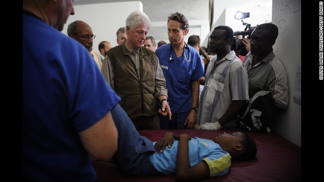 Clinton visits the General Hospital of Port-au-Prince on January 18, 2010, after a 7.0 earthquake sturck the country. U.N. Secretary-General Ban Ki-moon placed Clinton in charge of overseeing aid and reconstruction efforts in Haiti on February 3, 2010.