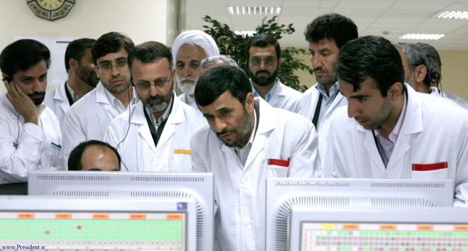 Iranian President Mahmoud Ahmadinejad observes computer monitors at the Natanz uranium enrichment plant in central Iran, where Stuxnet was believed to have infected PCs and damaged centrifuges. 