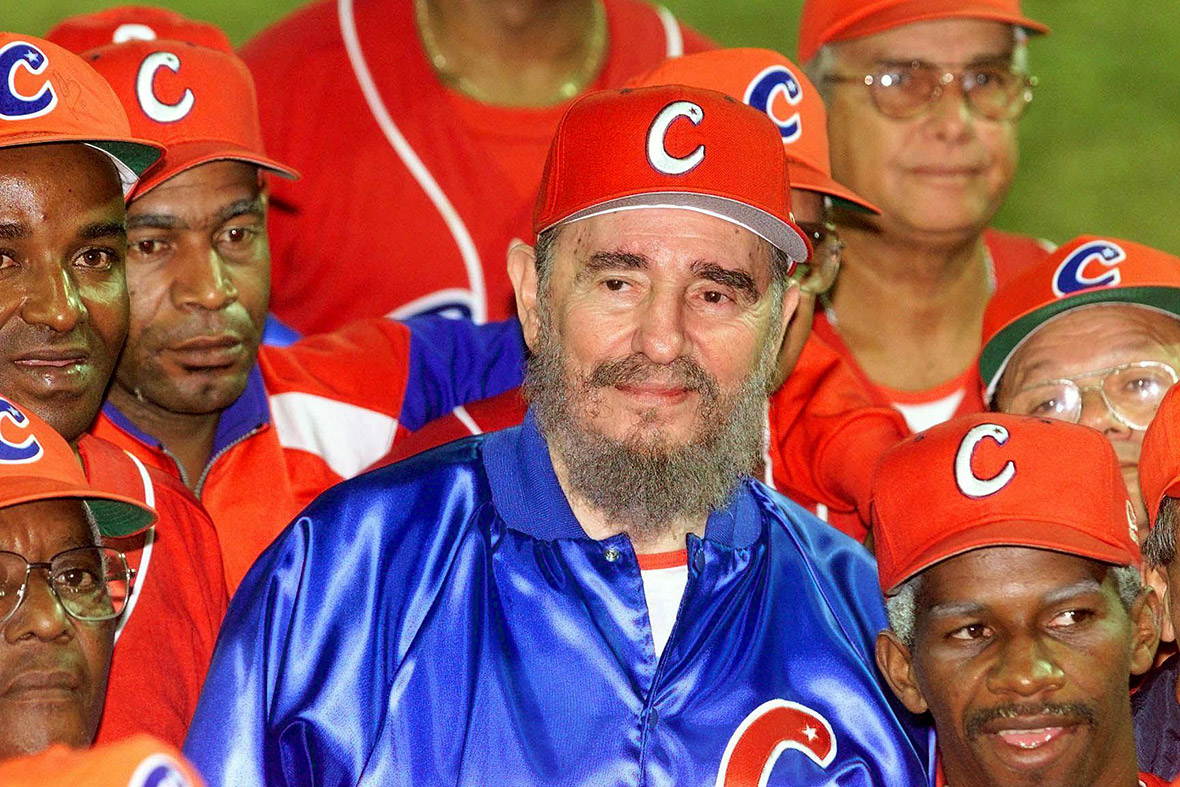 18 November 1999: Honorary coach Fidel Castro smiles after a friendly game between veterans from Cuba and Venezuela. Cuba won 5-4. Castro admitted that Cuba's victory came about by a trick he played on his rivals. In the final innings of the game, several professional Cuban baseball players took to the field disguised with moustaches, beards and wigs, pretending to be old men.