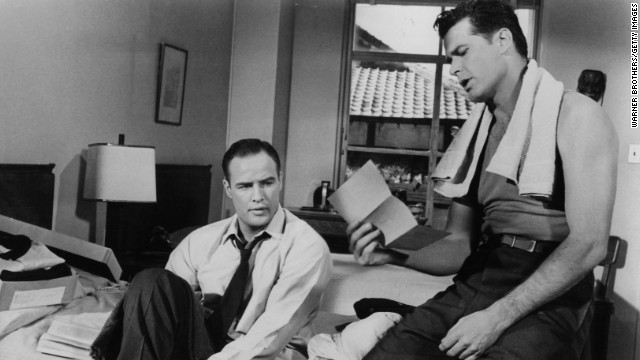 Marlon Brando and Garner read a letter together in a scene from the 1959 film "Sayonara."