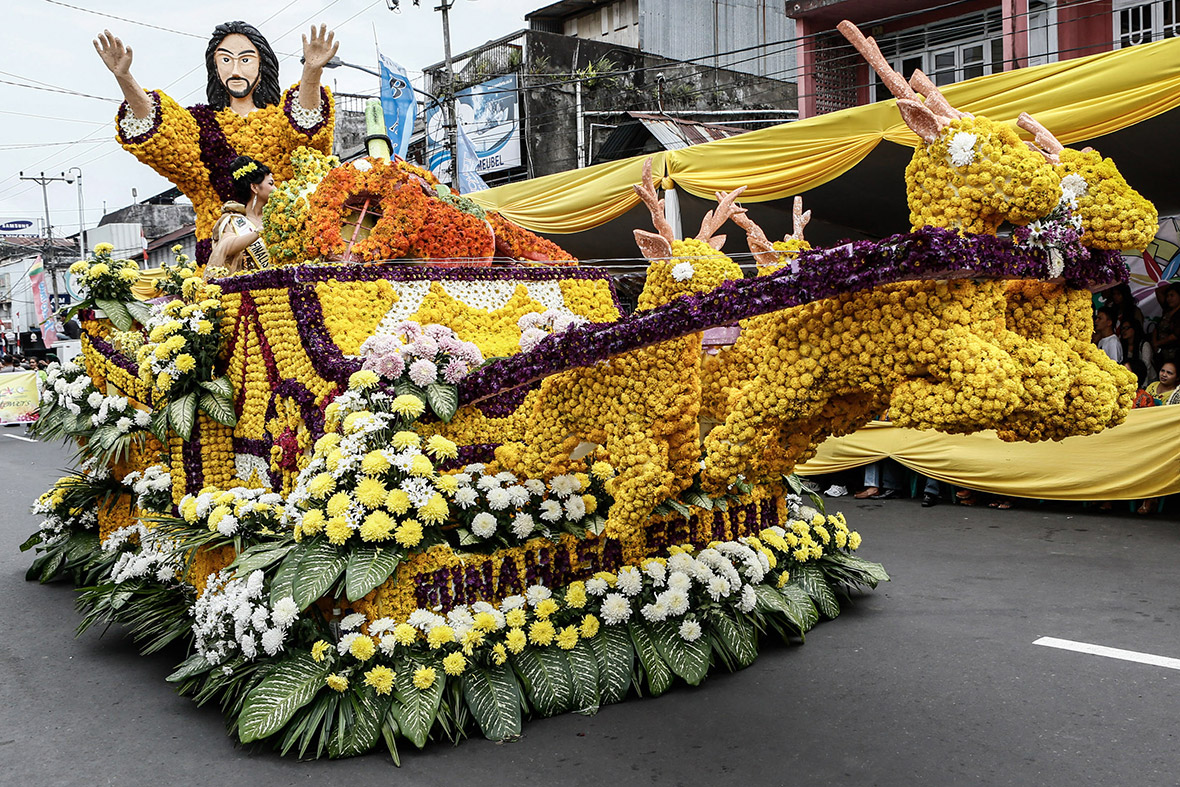 Jesus Christ and his reindeer: The designers of this float at the Tomohon International Flower Festival in Indonesia seem to have got their Christian imagery confused