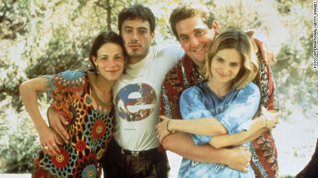 From left, actors Lili Taylor, Downey, Chris Penn and Jennifer Jason Leigh on the set of the film "Short Cuts" in 1993.