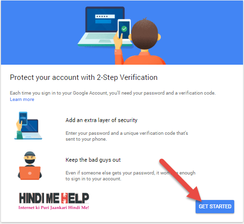 2 step verification chalu karne ke liye get started par click kare