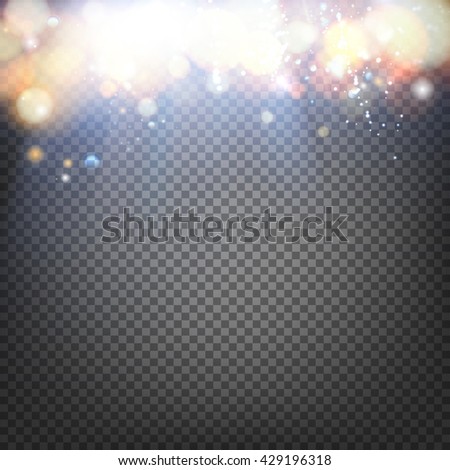 Sun flash with rays and spotlight. Transparent sunlight special lens flare light effect. Light bubbles flow down. Vector illustration.
