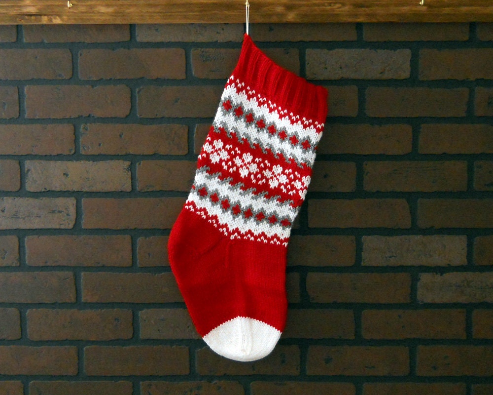 Hand knit Christmas stocking in red, grey and white, fair isle knitting