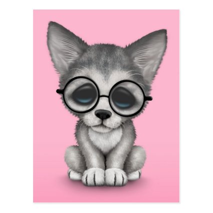 Cute Grey Wolf Cub Wearing Glasses on Pink Post Card