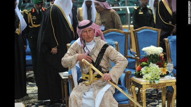 <strong>February 18:</strong> Britain's Prince Charles wears a traditional Saudi uniform as he attends the Janadriyah culture festival in Riyadh, Saudi Arabia.