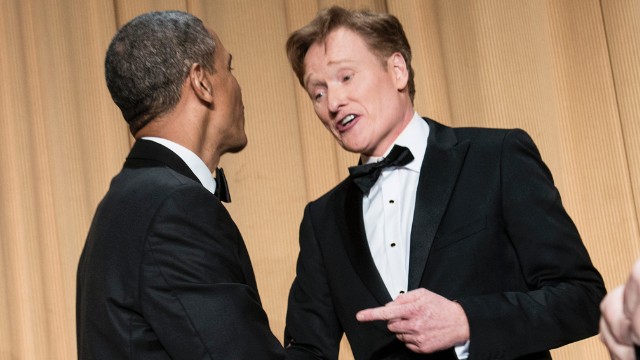 President Barack Obama and emcee Conan O'Brien shake hands at the end of the White House Correspondents' Dinner at the Washington Hilton on Saturday, April 27.