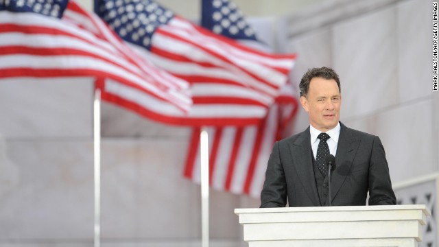 Tom Hanks reads a historical text at the We Are One concert, one of the events of President-elect Barack Obama's inauguration celebrations, at the Lincoln Memorial in Washington, on January 18, 2009. 